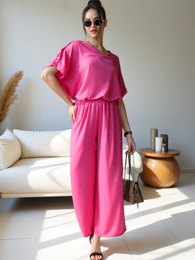 Set casual Royalfashion pentru femei, cu bluză cu mânecă scurtă și pantaloni largi