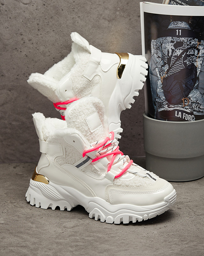 Pantofi sport de damă albi cu blană și șireturi roz neon Sagglo- Footwear