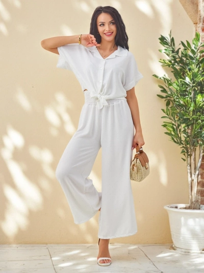 Royalfashion Set de damă cu cămașă scurtă cu mâneci legate și pantaloni evazați cu strasuri