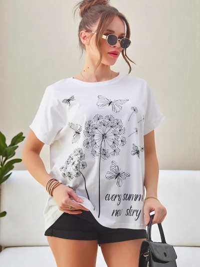 Royalfashion Tricou din bumbac pentru femei cu păpădii și o flutură