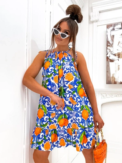 Royalfashion Rochie mini cu bretele subțiri pentru femei, cu cordon în talie și imprimeuri portocalii la modă