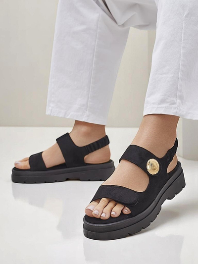 Sandale damă Royalfashion Anthea Nero – piele de căprioară neagră, platformă 5 cm