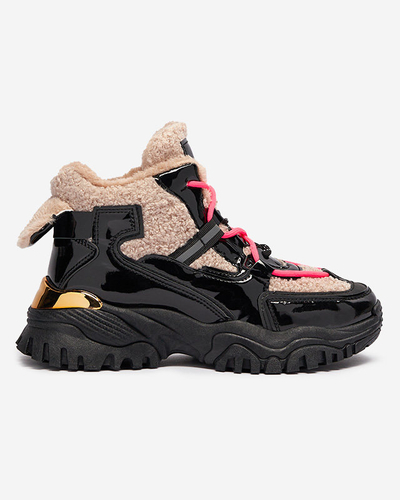 Pantofi sport de damă negri cu blană și șireturi roz neon Adbo- Footwear