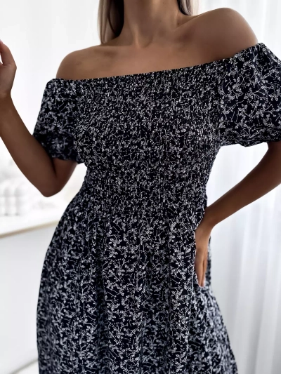 Rochie midi neagră cu flori pentru femei - Îmbrăcăminte