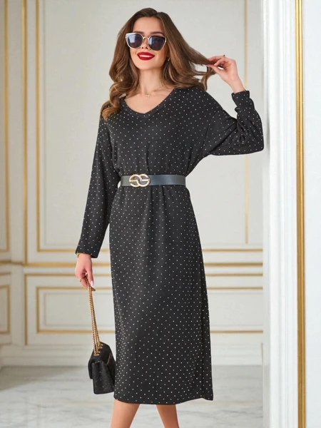 Rochie midi Penelope nero cu mânecă lungă și buline mici, elegantă