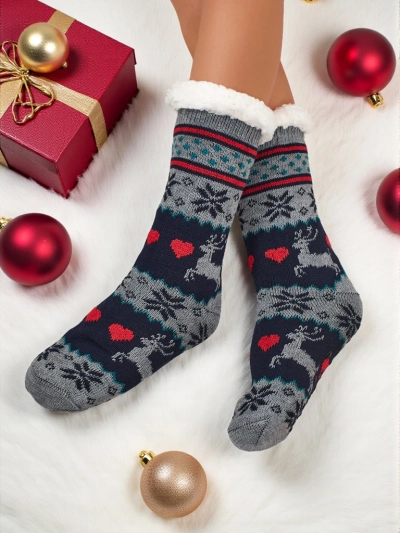 Skarpety Damskie Aurora Wielokolorowe Dzianinowe Z Cieplutkim Futerkiem