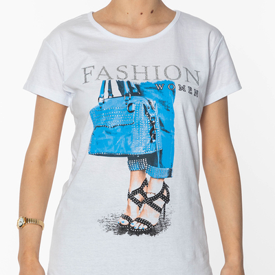 Tricou damă alb cu imprimeu FASHION- Îmbrăcăminte