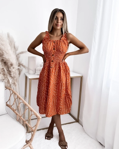 Rochie de damă lungă până la genunchi cu imprimeu în portocaliu- Îmbrăcăminte