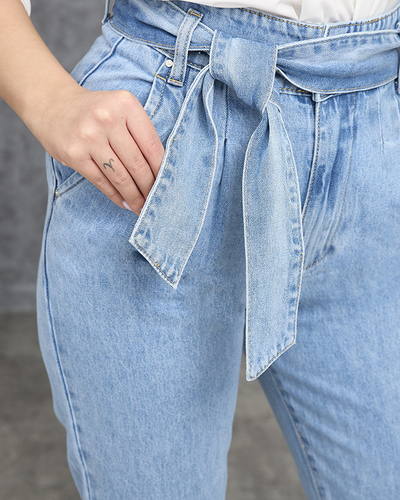 Blugi mamă albaștri de damă paperbag cu talie înaltă - Îmbrăcăminte