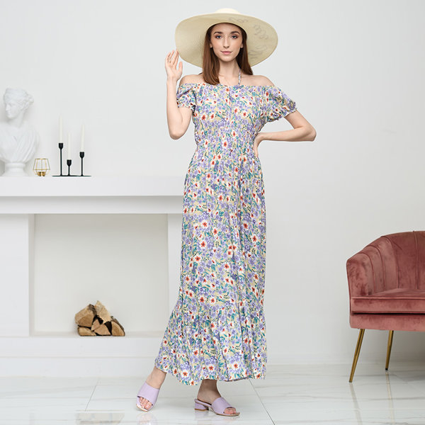 Rochie lungă de vară verde pentru femei cu flori mov - Îmbrăcăminte