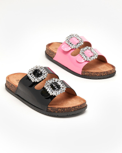 OUTLET Papuci de dama roz cu agrafe decorate Olimika - Incaltaminte