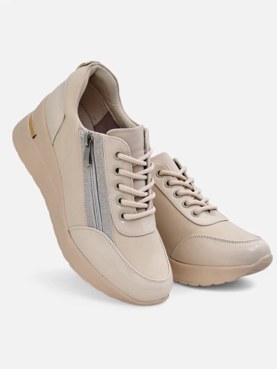 Sneakers dama cu toc HeraBea bej din piele ecologica 6,5 cm cu fermoar