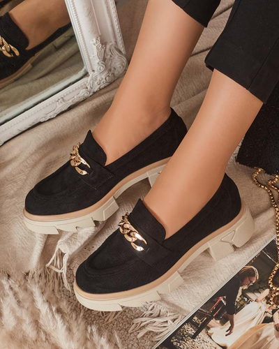 Mocasini din piele ecologică cu ornament auriu, negri Zaffix- Footwear