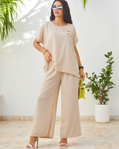 Set Royalfashion pentru femei cu mâneci scurte, floare decorativă și pantaloni largi