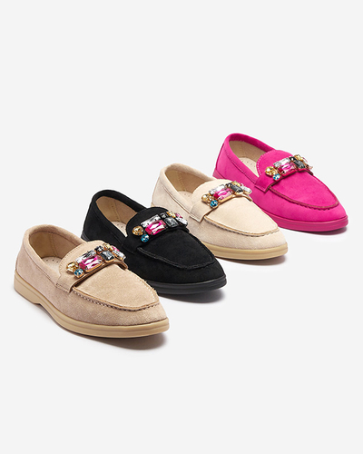 Mocasini pentru femei din piele de căprioară ecologică maro deschis cu cristale decorative Nellens- Footwear