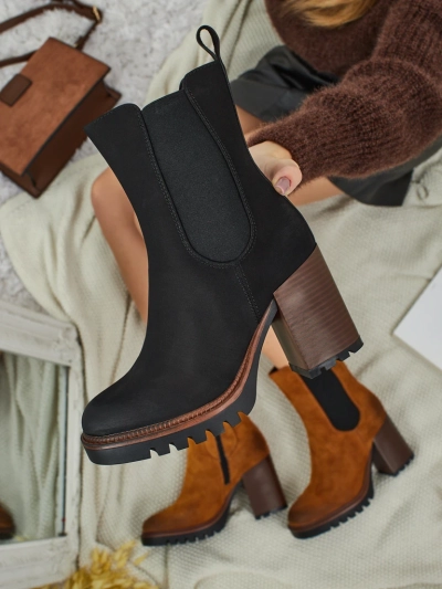 Botine de damă Soreya din piele ecologică intoarsă cu toc gros