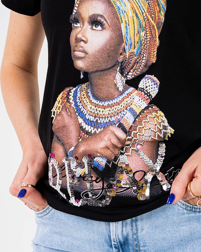 Tricou de dama negru cu imprimeu colorat si paiete - Imbracaminte