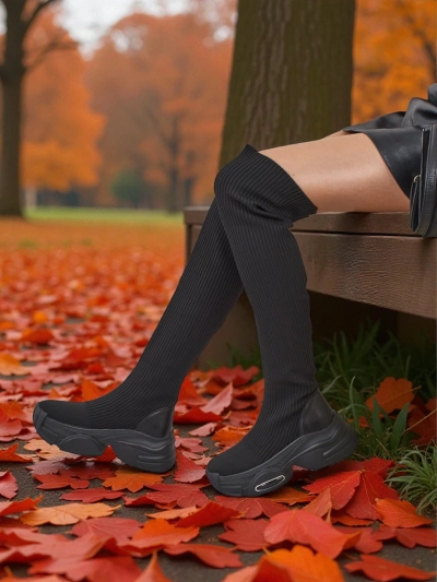 Cizme lungi de damă, slip-on, cu talpă groasă, Ravmora