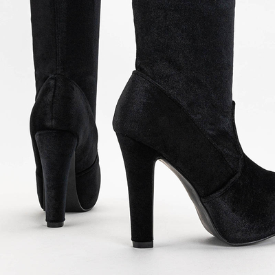 Cizme peste genunchi din velur cu toc înalt de culoare neagră - Încălțăminte