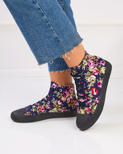 Royalfashion Adidași înalți de damă de culoare albastru marin cu flori colorate Soxic