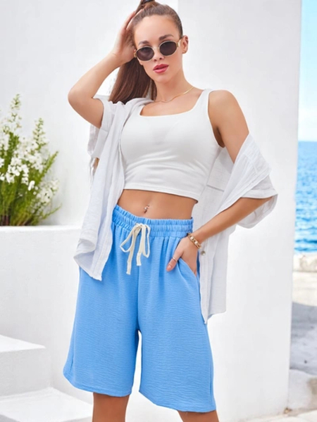 Royalfashion Pantaloni scurți de damă cu brâu elastic reglabil și șnururi până la genunchi