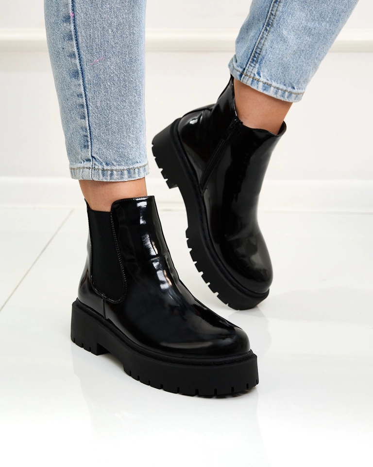 Royalfashion Cizme negre lăcuite fără toc pentru femei Glossy Chic