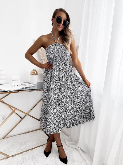 Rochie midi cu imprimeu alb și negru pentru femei PLUS SIZE- Îmbrăcăminte