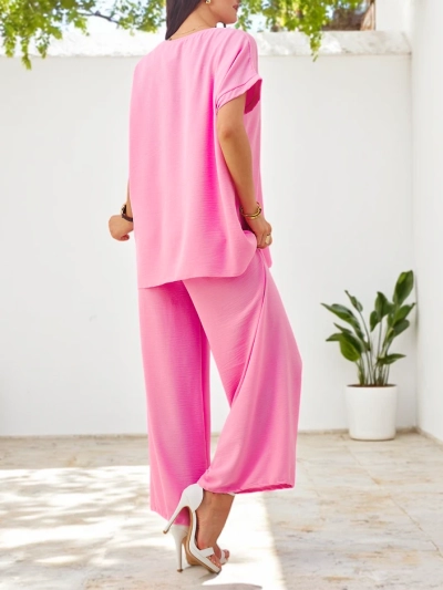 Royalfashion Set pentru femei cu mâneci scurte, decorat cu floare și pantaloni largi