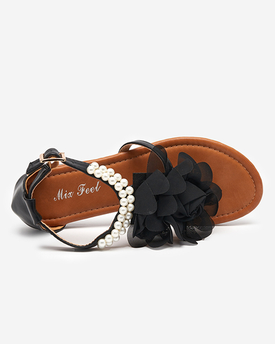 OUTLET Sandale de dama negre cu perle si floare din stofa Amerile - Incaltaminte
