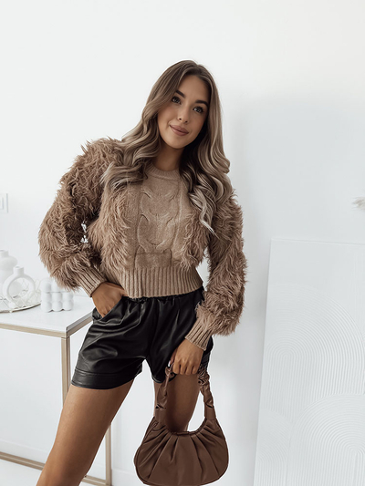 Royalfashion Pulover cu țesătură scurtă pentru femei Ecru