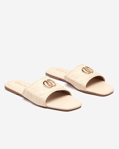 Papuci de dama din piele ecologica bej cu decor Daliso auriu - Incaltaminte