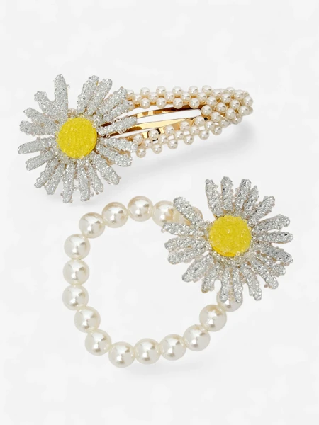 Royalfashion Set de clame și elastice de păr cu floare Flora Perla