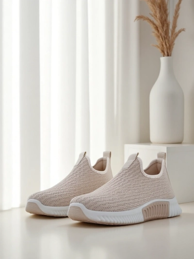 Sneakers dama bej Eulalia Slip-On toc plat material textil vară primăvară