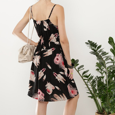 Rochie scurtă de culoare neagră pentru femei, cu imprimeu vegetal roșu - Îmbrăcăminte