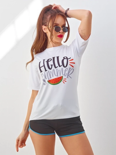 Set sportiv Royalfashion pentru femei cu tricou și pantaloni scurți Hello Summer