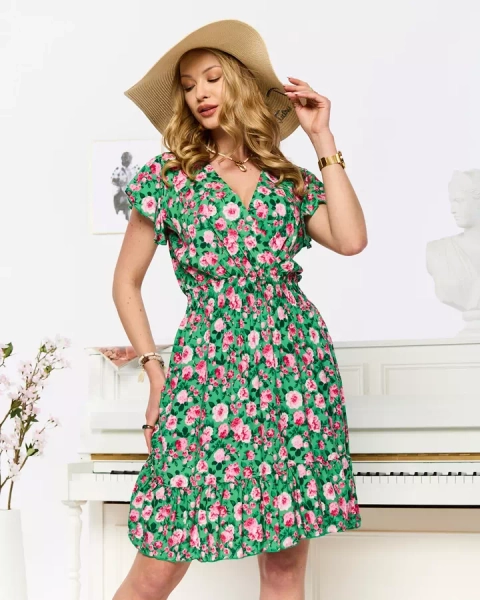 Rochie scurtă verde și roz cu imprimeu pentru femei - Îmbrăcăminte