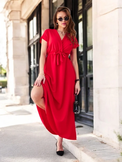 Rochie midi pentru femei Royalfashion cu decolteu înfășurat, mâneci scurte și un centură