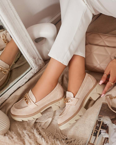 Mocasini din piele ecologică cu decor auriu, bej Zaffix- Footwear