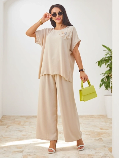 Set Royalfashion pentru femei cu mâneci scurte, floare decorativă și pantaloni largi