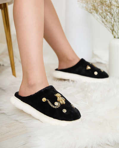 Royalfashion Papuci de blană negri pentru femei cu ornamente Erserra