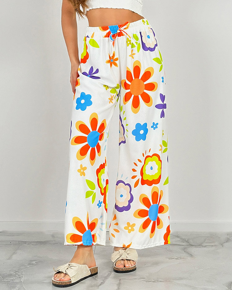 Royalfashion Pantaloni largi din țesătură cu motive florale pentru femei