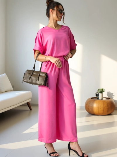 Set casual Royalfashion pentru femei, cu bluză cu mânecă scurtă și pantaloni largi