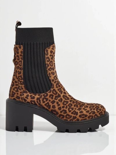 Botine de damă cu toc gros și model, din piele ecologică de căprioară Anthere