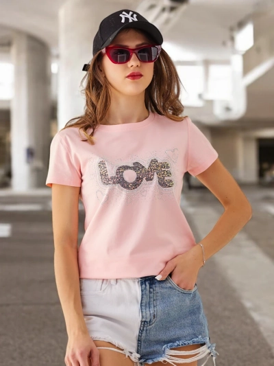 Royalfashion Tricou din bumbac pentru femei LOVE cu strasuri
