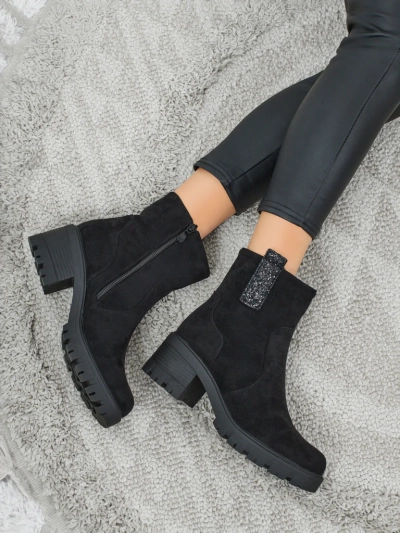 Botine de damă eco piele întoarsă cu toc gros Maelis