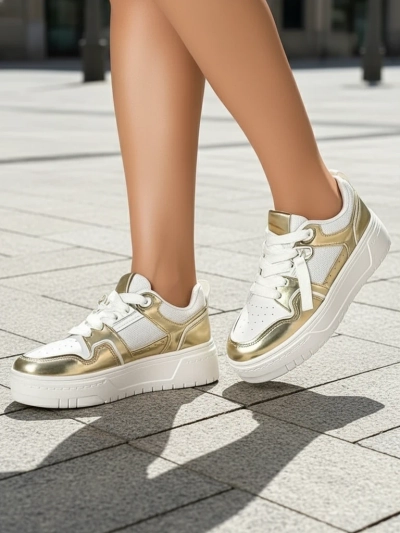 Sneakers Dama 'Aurelia' Auriu-Alb cu Platformă de 4cm - Stil și Confort