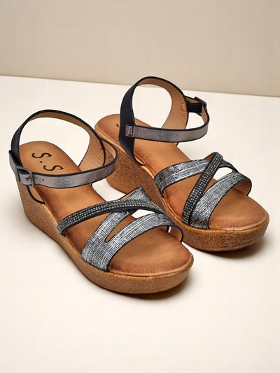Sandale cu toc wedge pentru femei Royalfashion cu pietre strălucitoare și sclipici Eclat