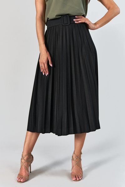 Czarna plisowana spódnica midi z paskem - Odzież