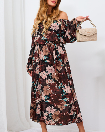 Royalfashion Rochie maxi florală neagră și maro pentru femei