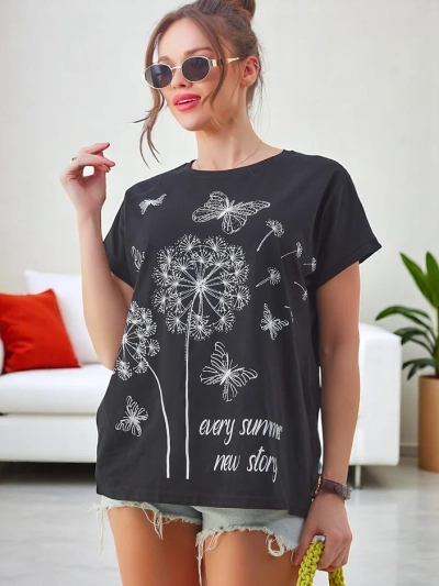 Royalfashion Tricou din bumbac pentru femei cu păpădii și o fluture